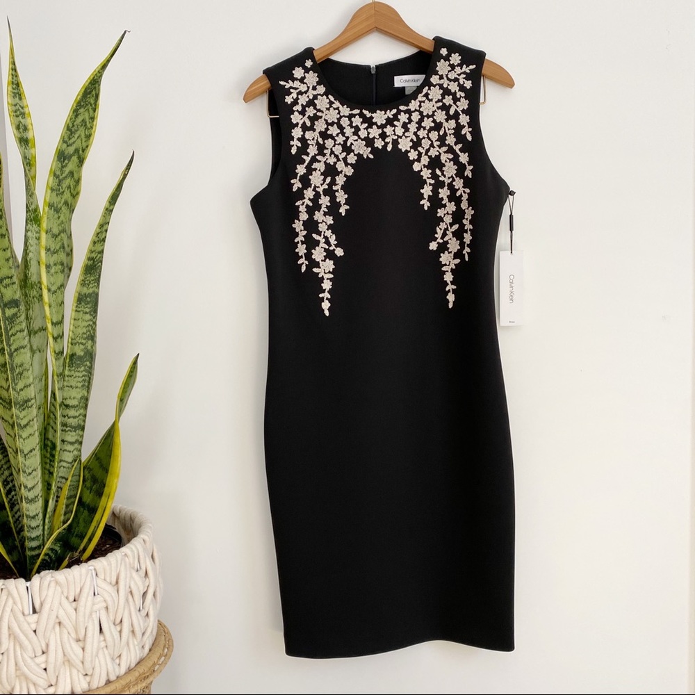 Calvin Klien scuba sheath dress floral beading